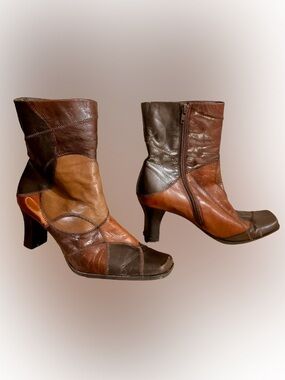 Vintage Liz Claiborne Two-Tone Brown Patchwork Leather Heeled Ankle Boots